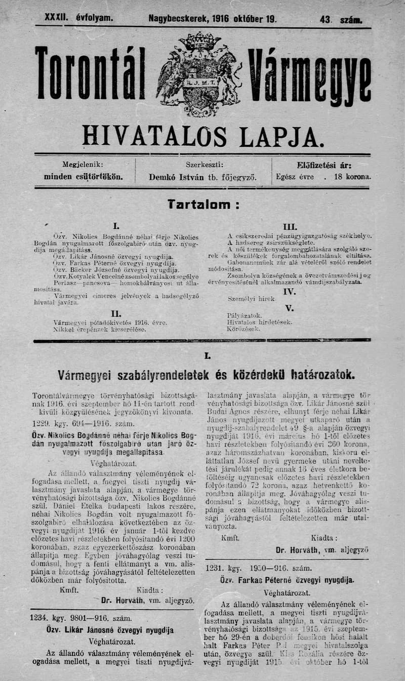 Torontál Vármegye Hivatalos Lapja, 32. évf. 1916. október 19. 43. sz.