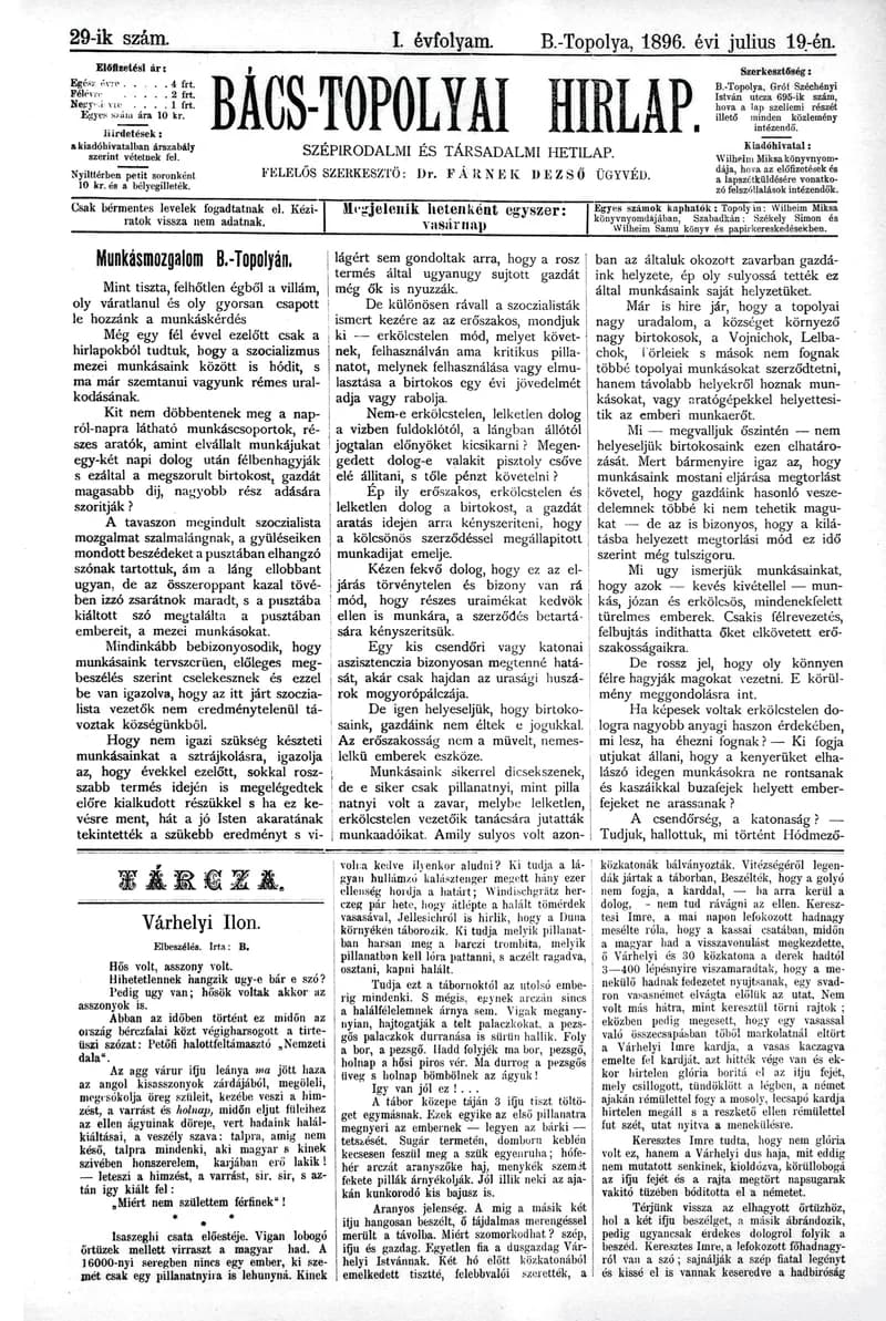 Bács-Topolyai Hirlap, 1. évf. 1896. július 19. 29. sz.