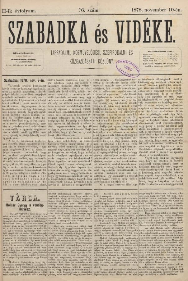 Szabadka és vidéke, 2. évf. 1878. november 10. 76. sz.