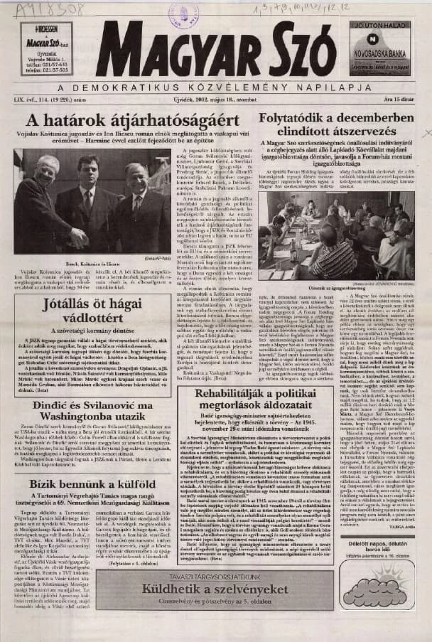 Magyar Szó, 59. évf. 2002. május 18. 114. sz. 1–16. oldal