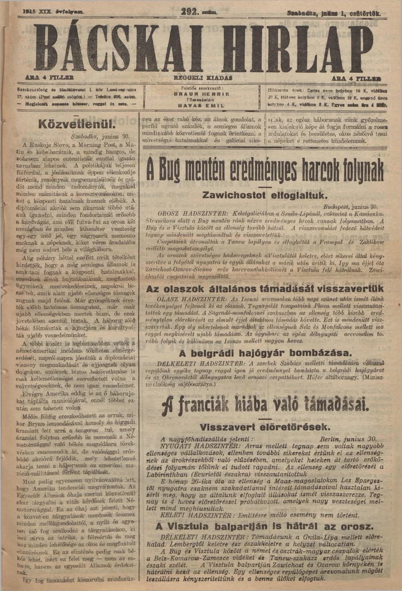 Bácskai Hirlap, 19. évf. 1915. július 1. 292. sz.