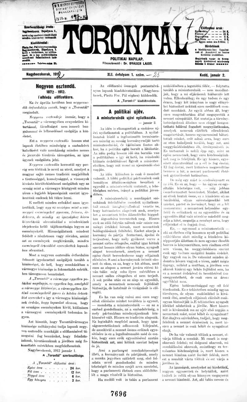 Torontál, 41. évf. 1912. január 2. 1. sz.