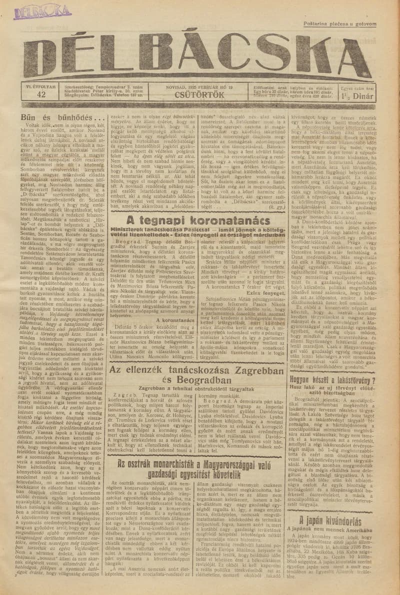 Délbácska, 6. évf. 1925. február 19. 42. sz.