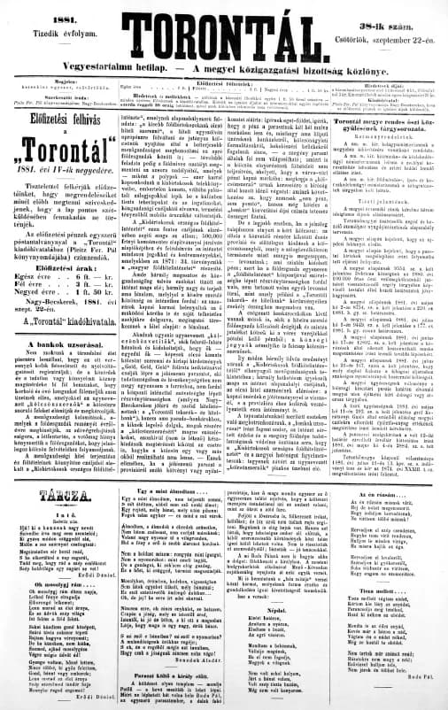 Torontál, 10. évf. 1881. szeptember 22. 38. sz.