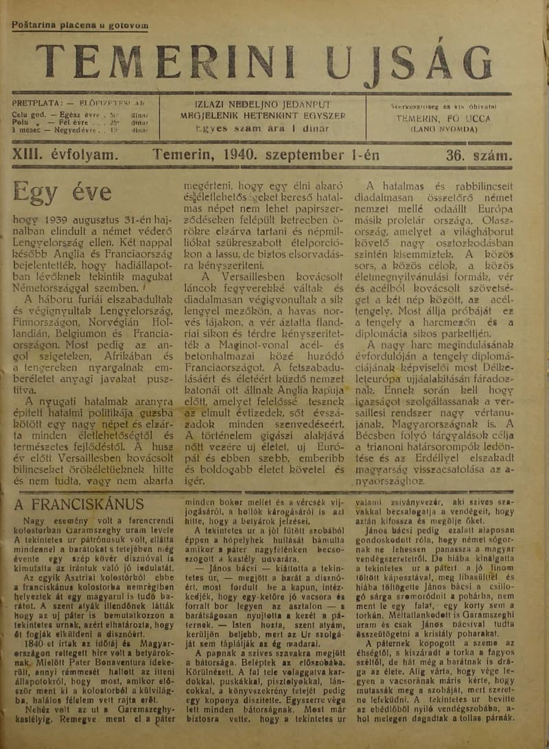 Temerini Újság 1928-1944, 13. évf. 1940. szeptember 1. 36. sz.