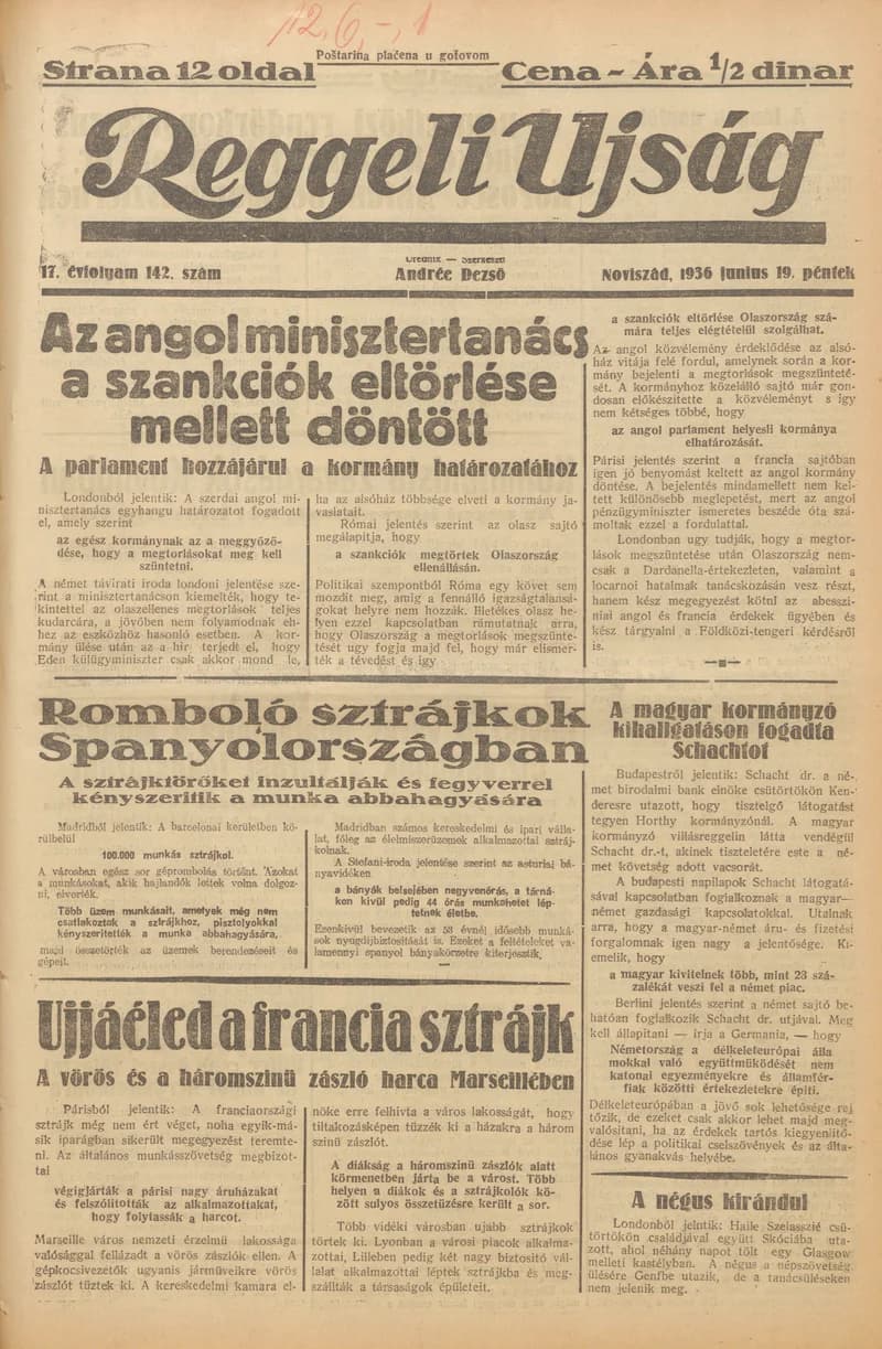 Reggeli Újság, 17. évf. 1936. június 19. 142. sz.
