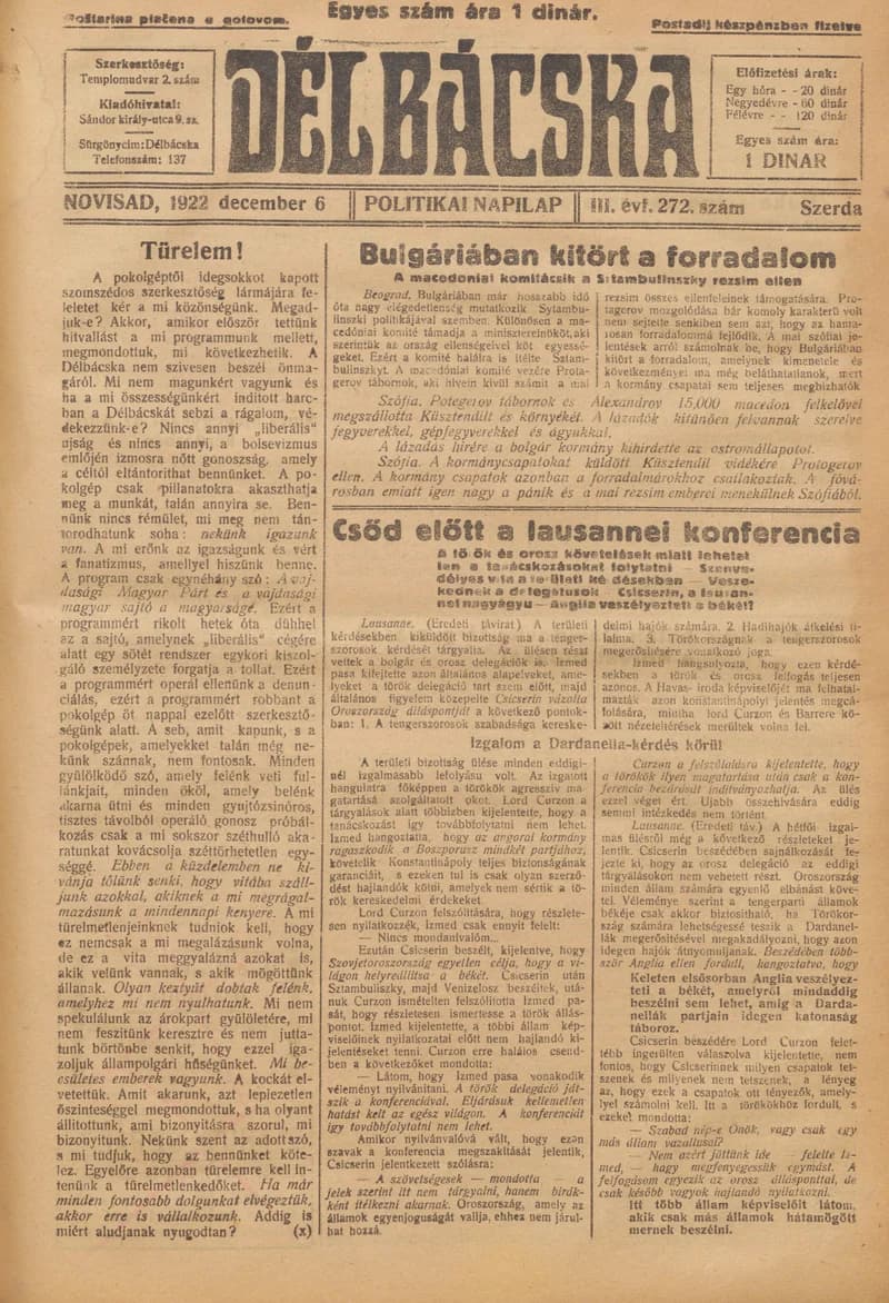 Délbácska, 3. évf. 1922. december 6. 272. sz.