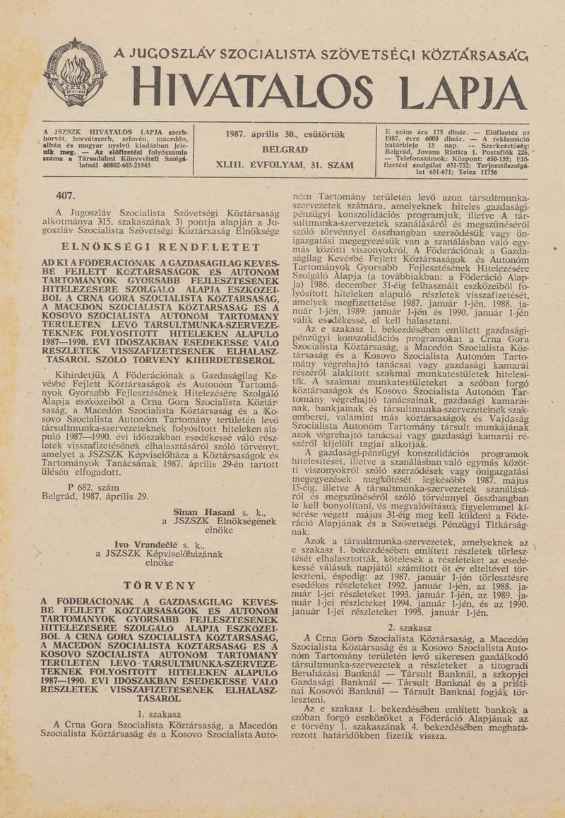 A Jugoszláv Szocialista Szövetségi Köztársaság Hivatalos Lapja, 43. évf. 1987. április 30. 31. sz. 784–804. oldal