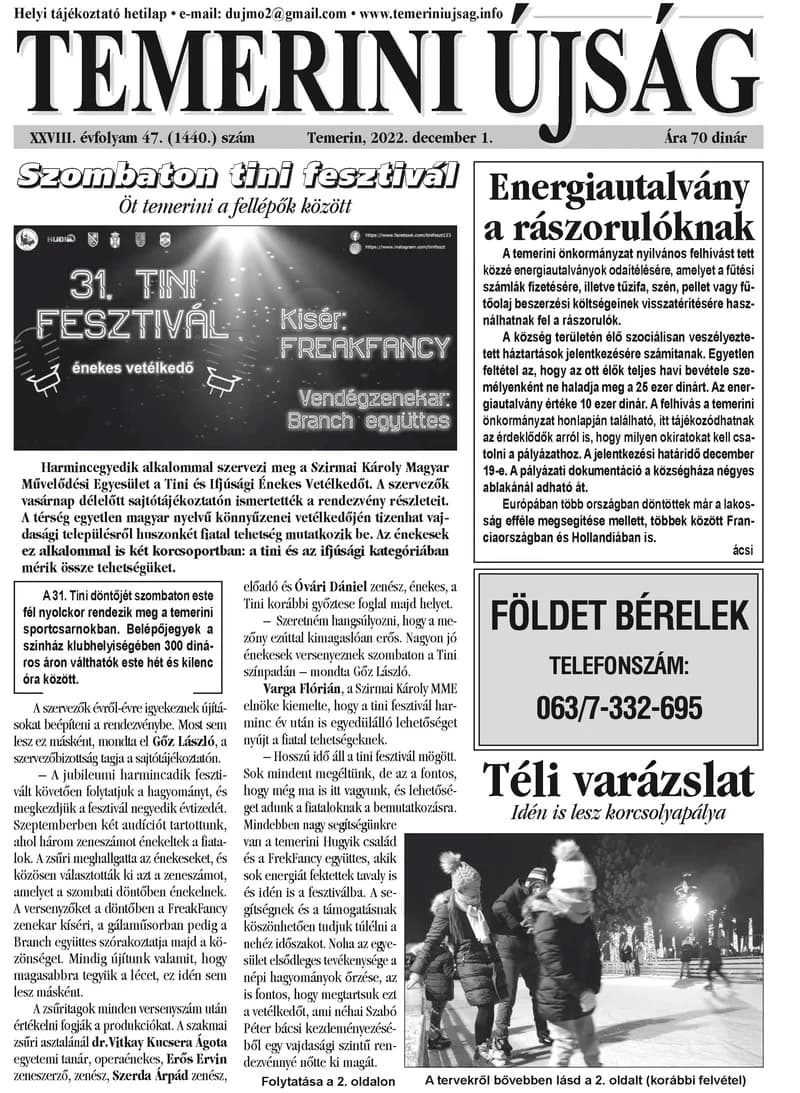 Temerini Újság, 28. évf. 2022. november 1. 47. sz.
