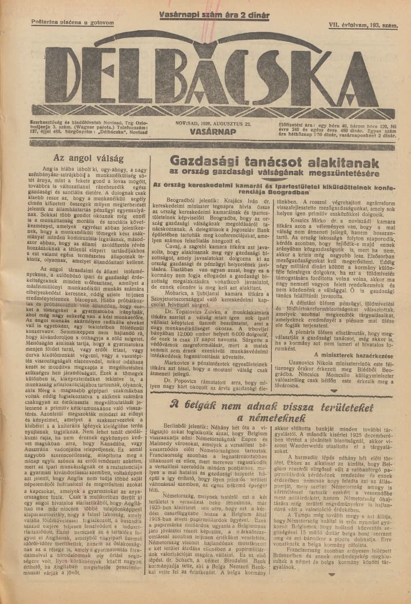 Délbácska, 7. évf. 1926. augusztus 22. 193. sz.