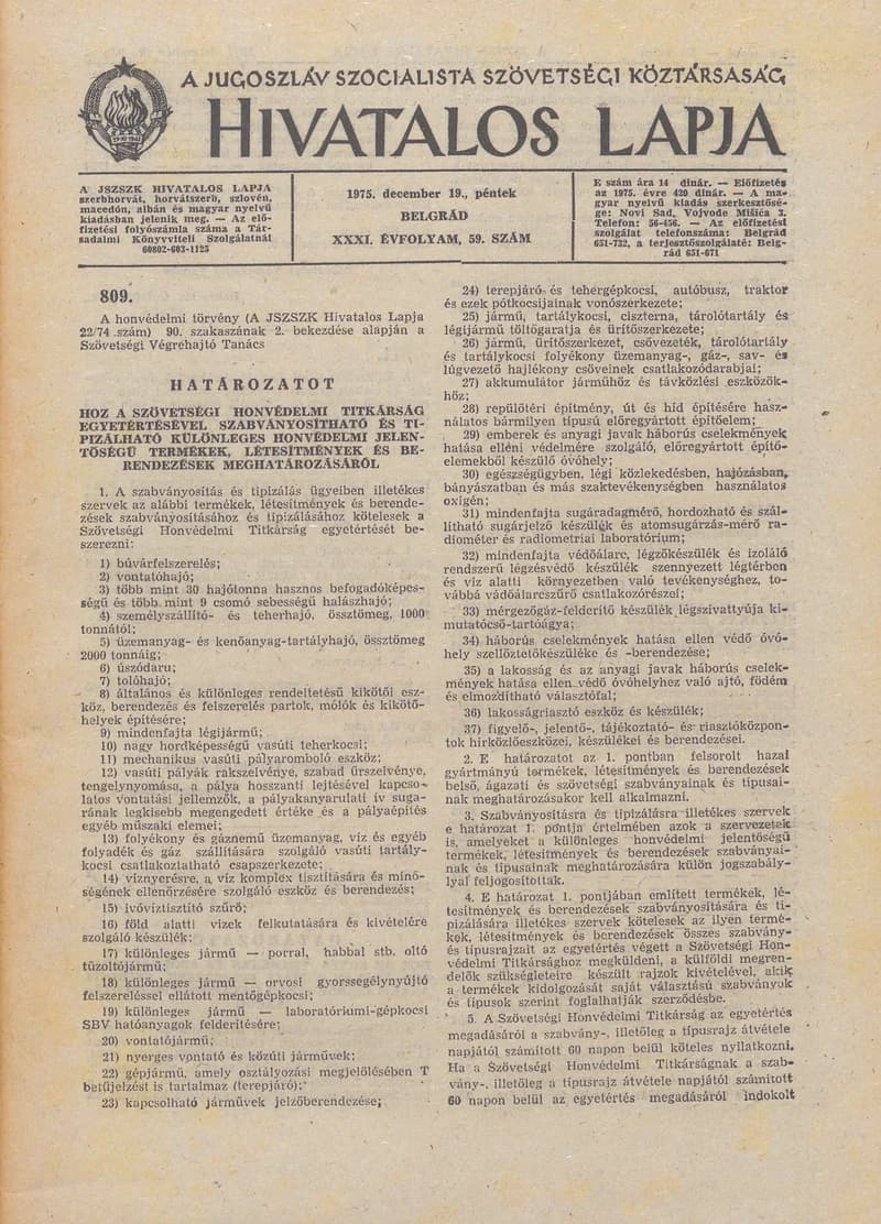 A Jugoszláv Szocialista Szövetségi Köztársaság Hivatalos Lapja, 31. évf. 1975. december 19. 59. sz. 1589–1612. oldal