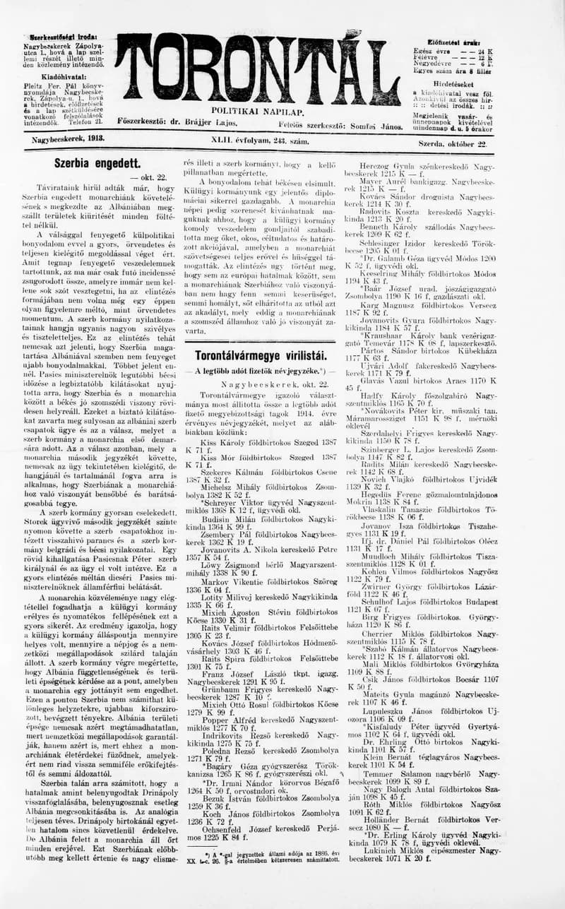 Torontál, 42. évf. 1913. október 22. 243. sz.