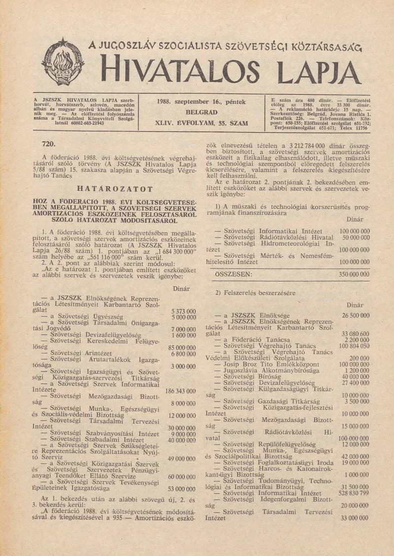 A Jugoszláv Szocialista Szövetségi Köztársaság Hivatalos Lapja, 44. évf. 1988. szeptember 16. 55. sz. 1477–1488. oldal