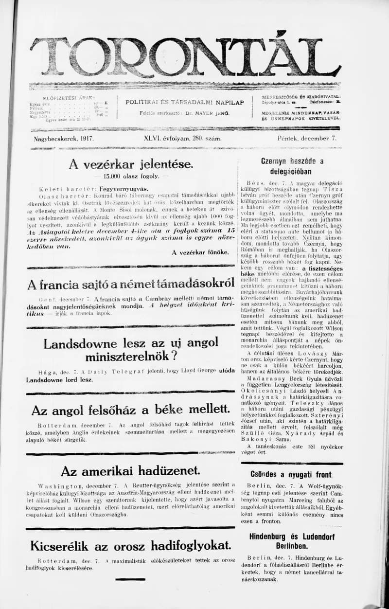 Torontál, 46. évf. 1917. december 7. 280. sz.