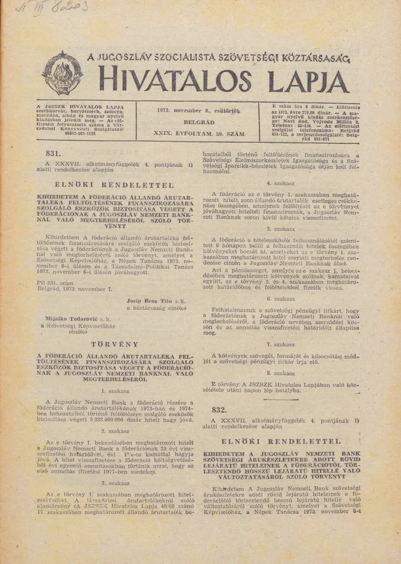 A Jugoszláv Szocialista Szövetségi Köztársaság Hivatalos Lapja, 29. évf. 1973. november 8. 59. sz. 1717–1736. oldal