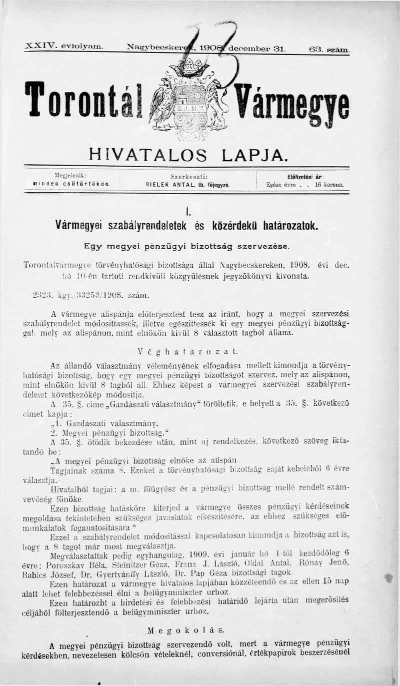 Torontál Vármegye Hivatalos Lapja, 24. évf. 1908. december 31. 63. sz.