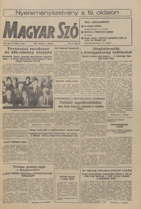 Magyar Szó, 42. évf. 1985. március 1. 58. sz. 1–20. oldal