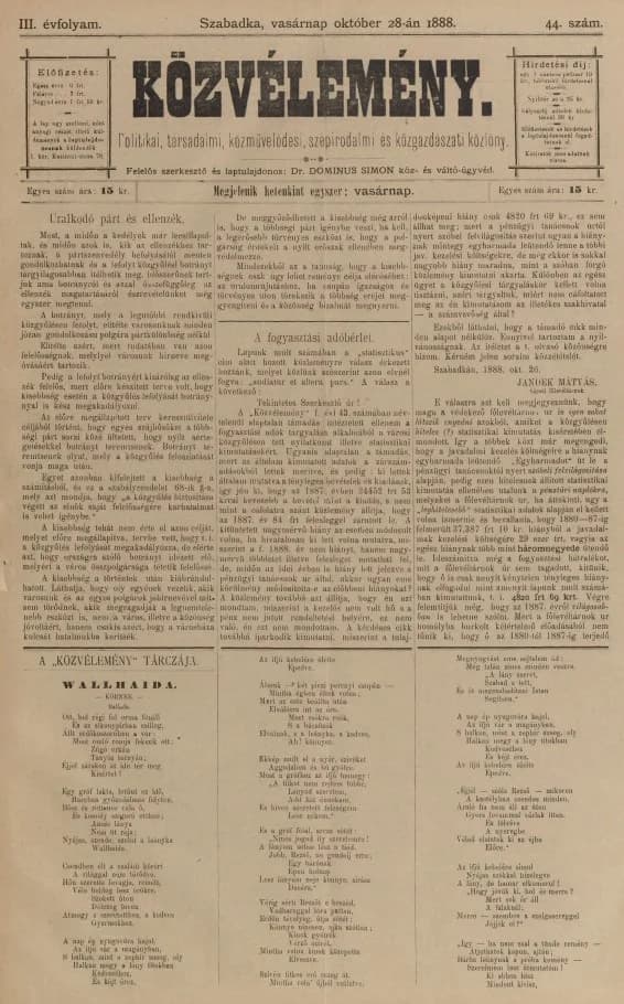 Közvélemény, 3. évf. 1888. október 28. 44. sz.