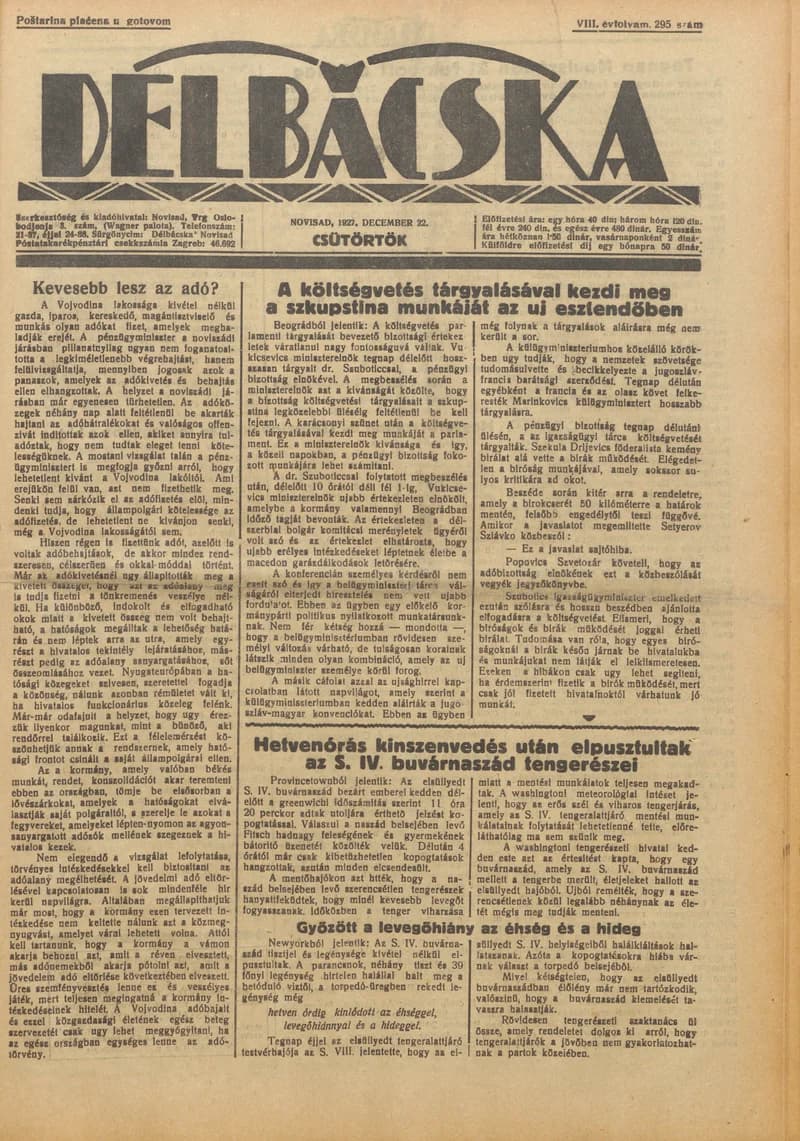 Délbácska, 8. évf. 1927. december 22. 295. sz.