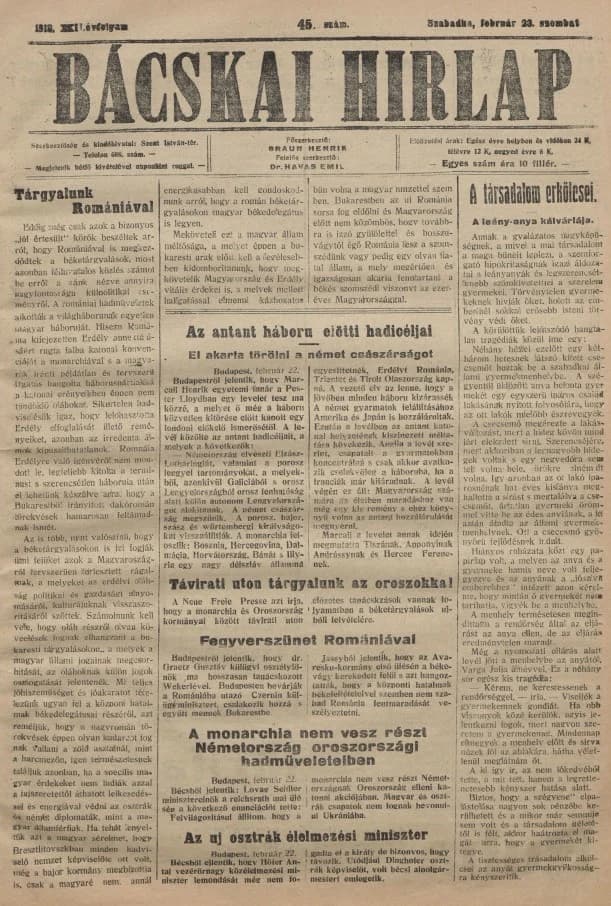 Bácskai Hirlap, 22. évf. 1918. február 23. 45. sz.