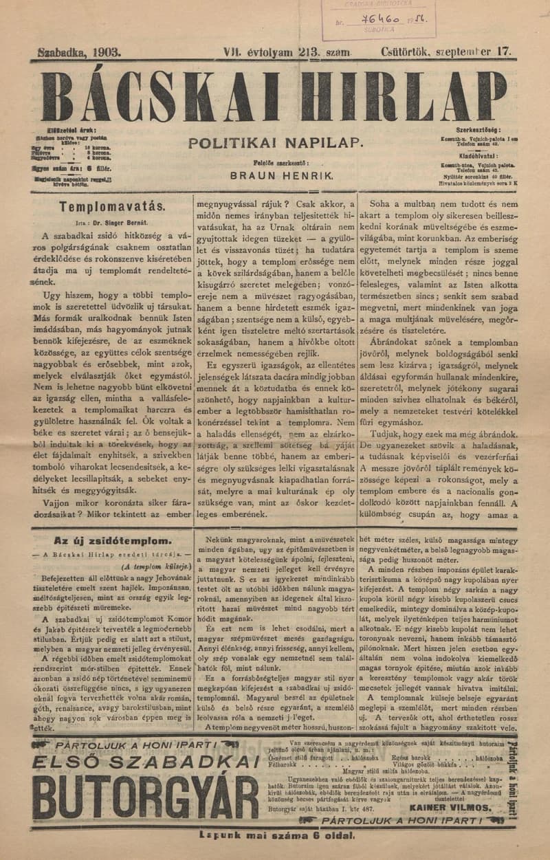 Bácskai Hirlap, 7. évf. 1903. szeptember 17. 213. sz.