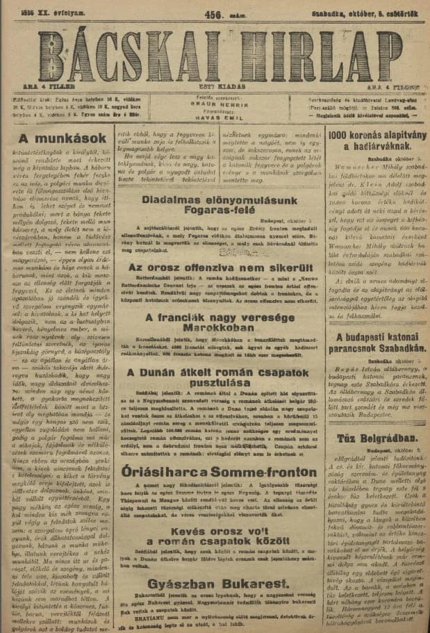 Bácskai Hirlap, 20. évf. 1916. október 5. 456. sz.