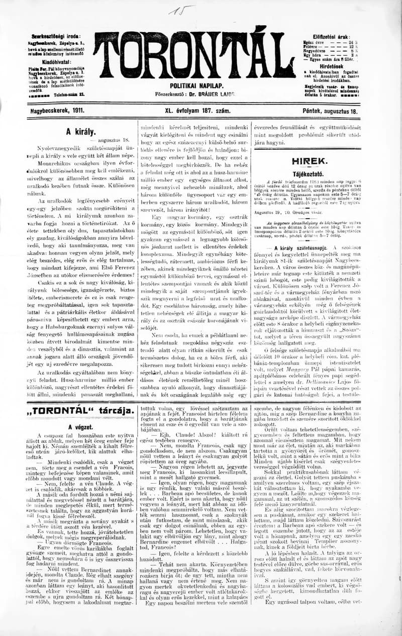 Torontál, 40. évf. 1911. augusztus 18. 187. sz.