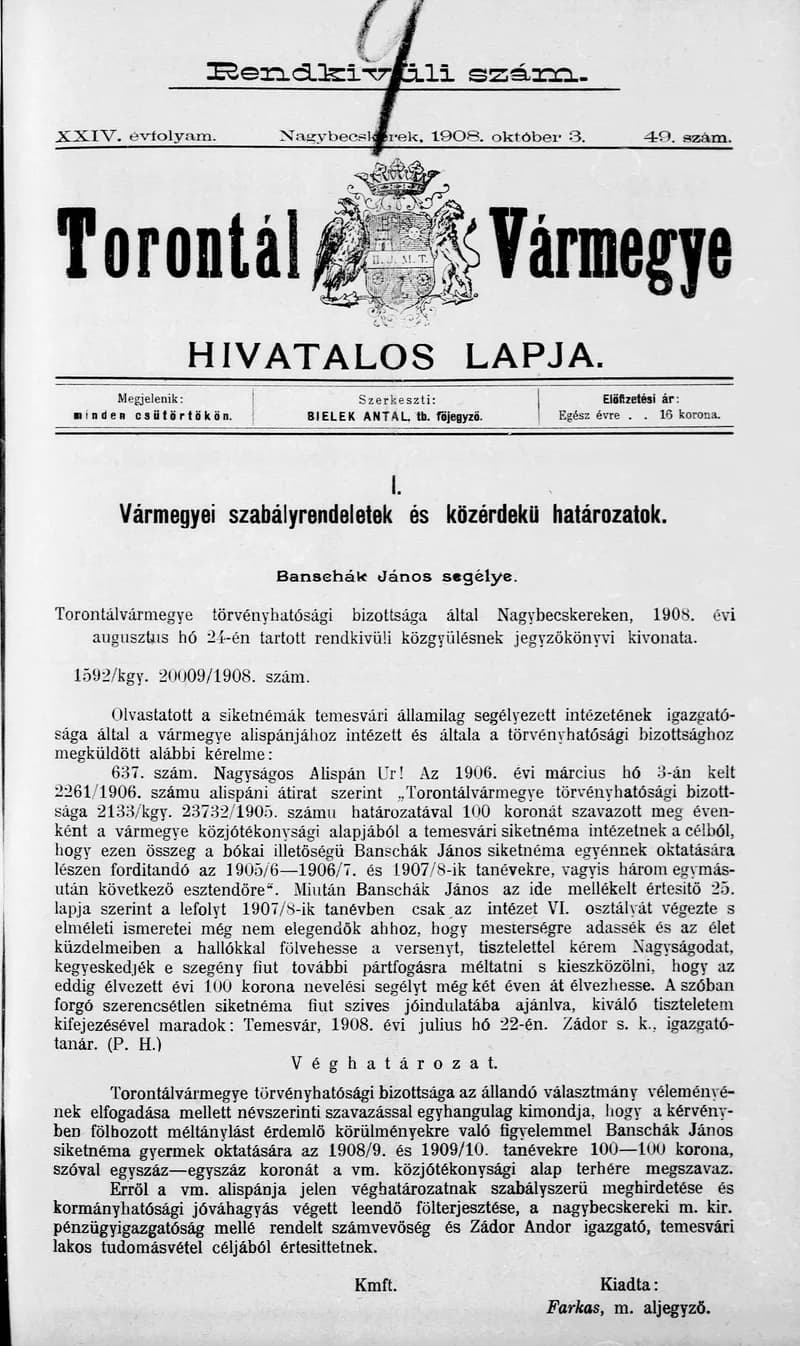 Torontál Vármegye Hivatalos Lapja, 24. évf. 1908. október 3. 49. sz.