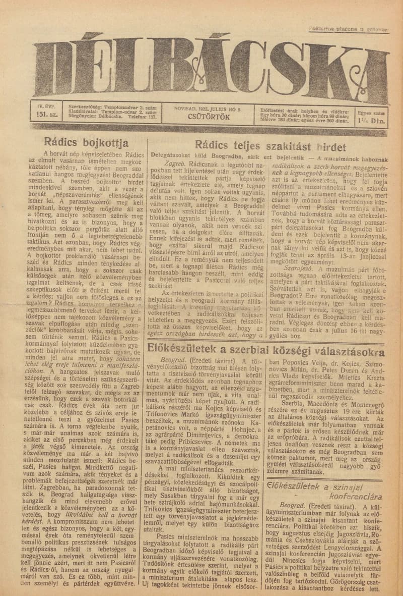 Délbácska, 4. évf. 1923. július 5. 151. sz.