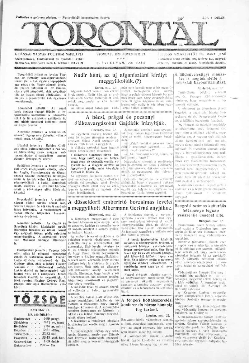 Torontál, 58. évf. 1929. november 23. 270. sz.