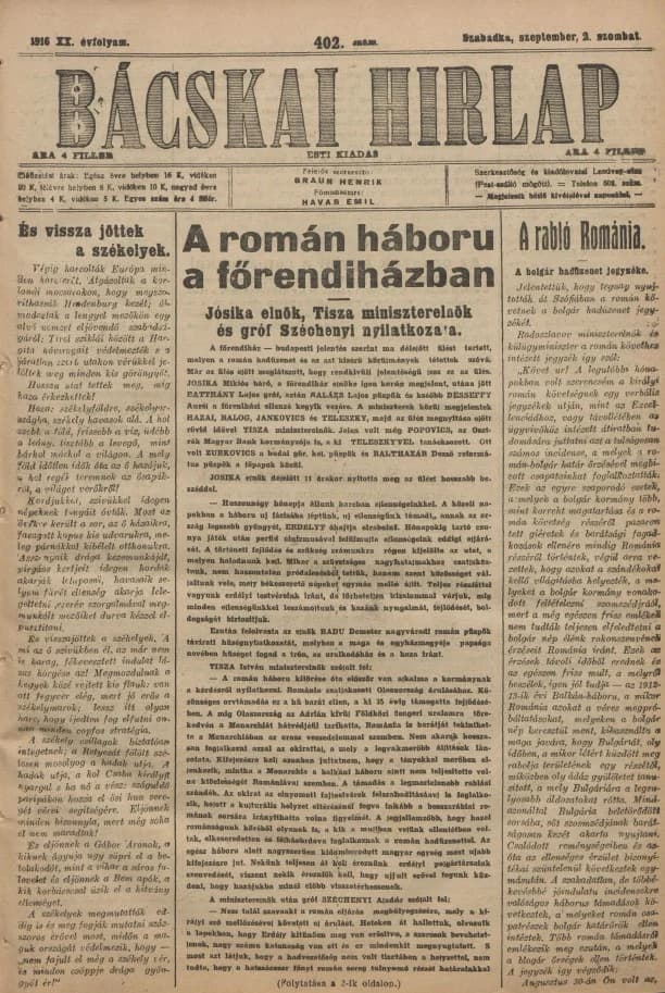 Bácskai Hirlap, 20. évf. 1916. szeptember 2. 402. sz.