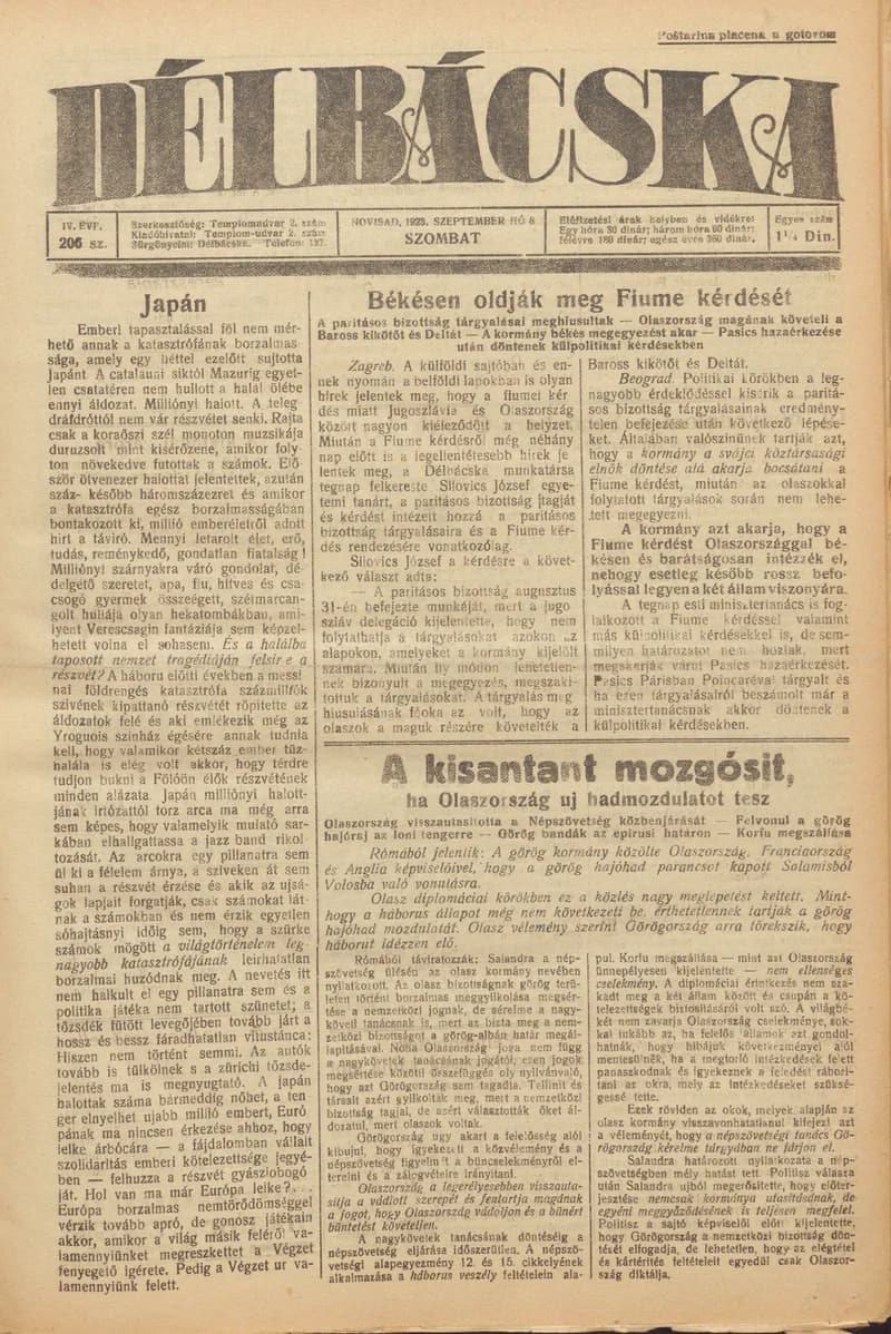 Délbácska, 4. évf. 1923. szeptember 8. 206. sz.