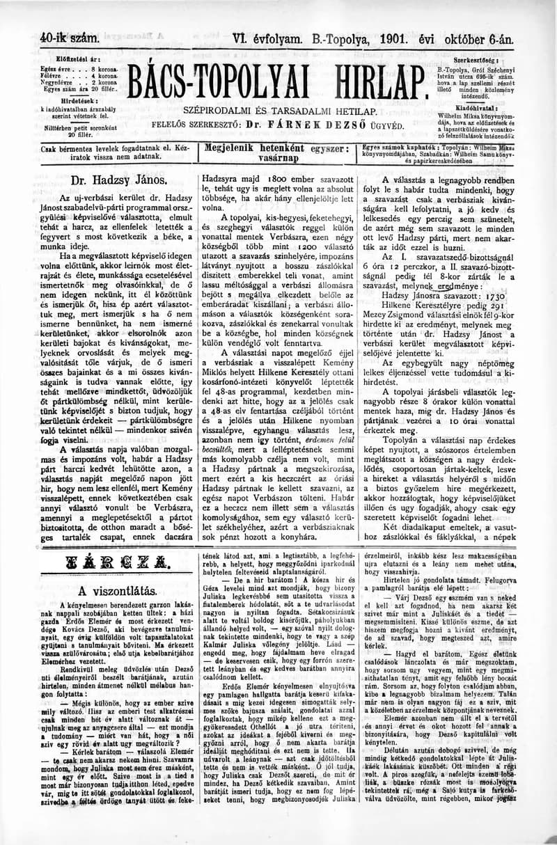 Bács-Topolyai Hirlap, 6. évf. 1901. október 6. 40. sz.