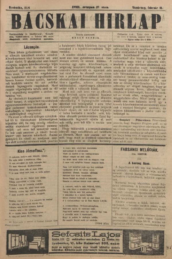 Bácskai Hirlap, 18. évf. 1914. február 15. 37. sz.