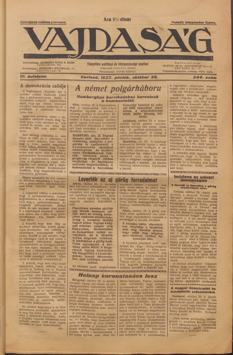 Vajdaság, 3. évf. 1923. október 26. 244. sz.