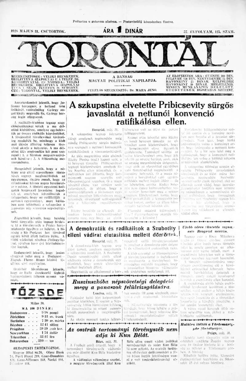 Torontál, 57. évf. 1928. május 31. 125. sz.