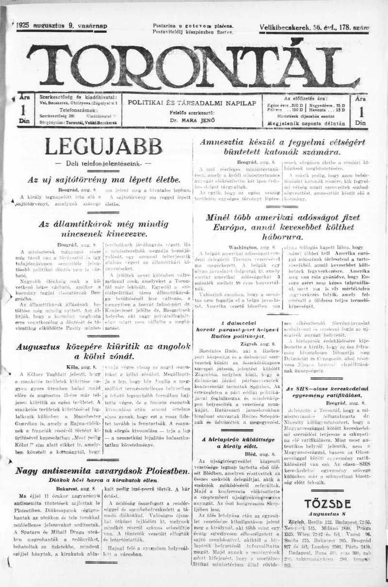 Torontál, 54. évf. 1925. augusztus 9. 178. sz.