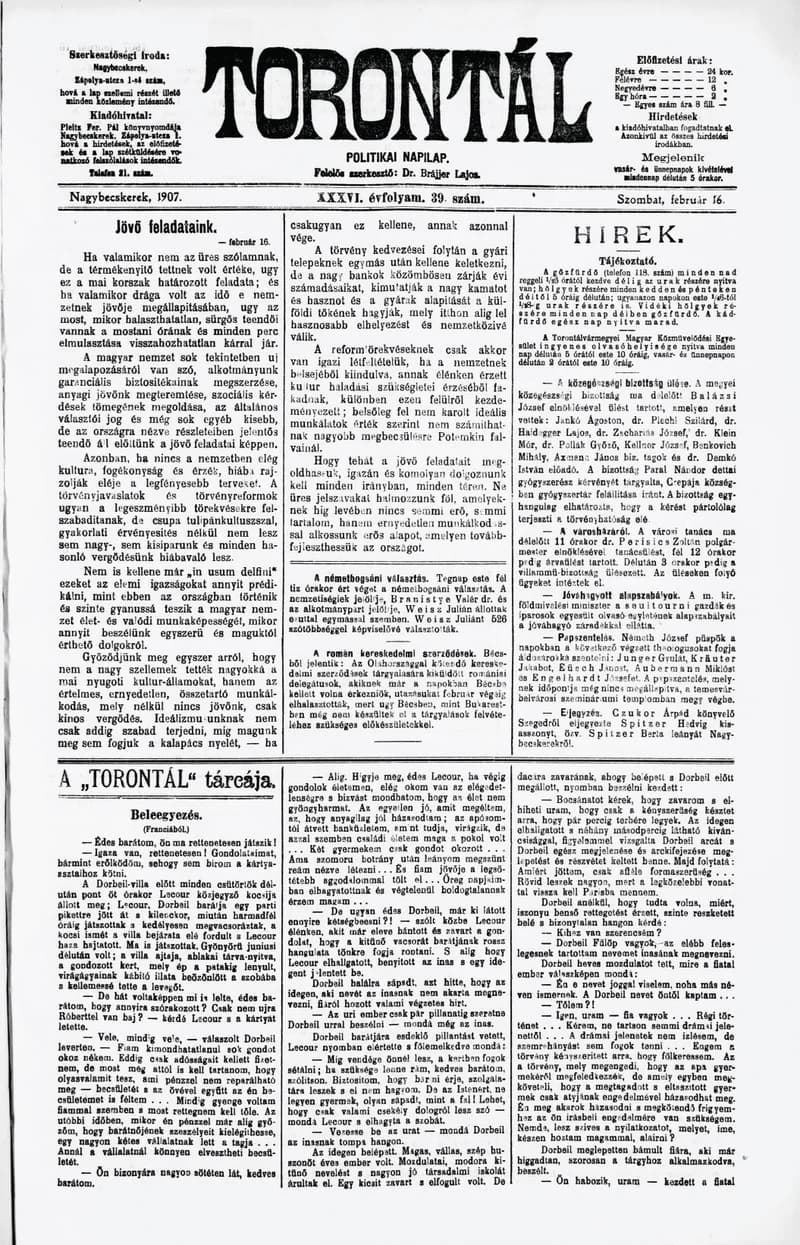 Torontál, 36. évf. 1907. február 16. 39. sz.