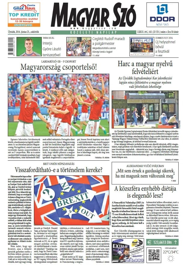 Magyar Szó, 73. évf. 2016. június 23. 143. sz. 1–20. oldal