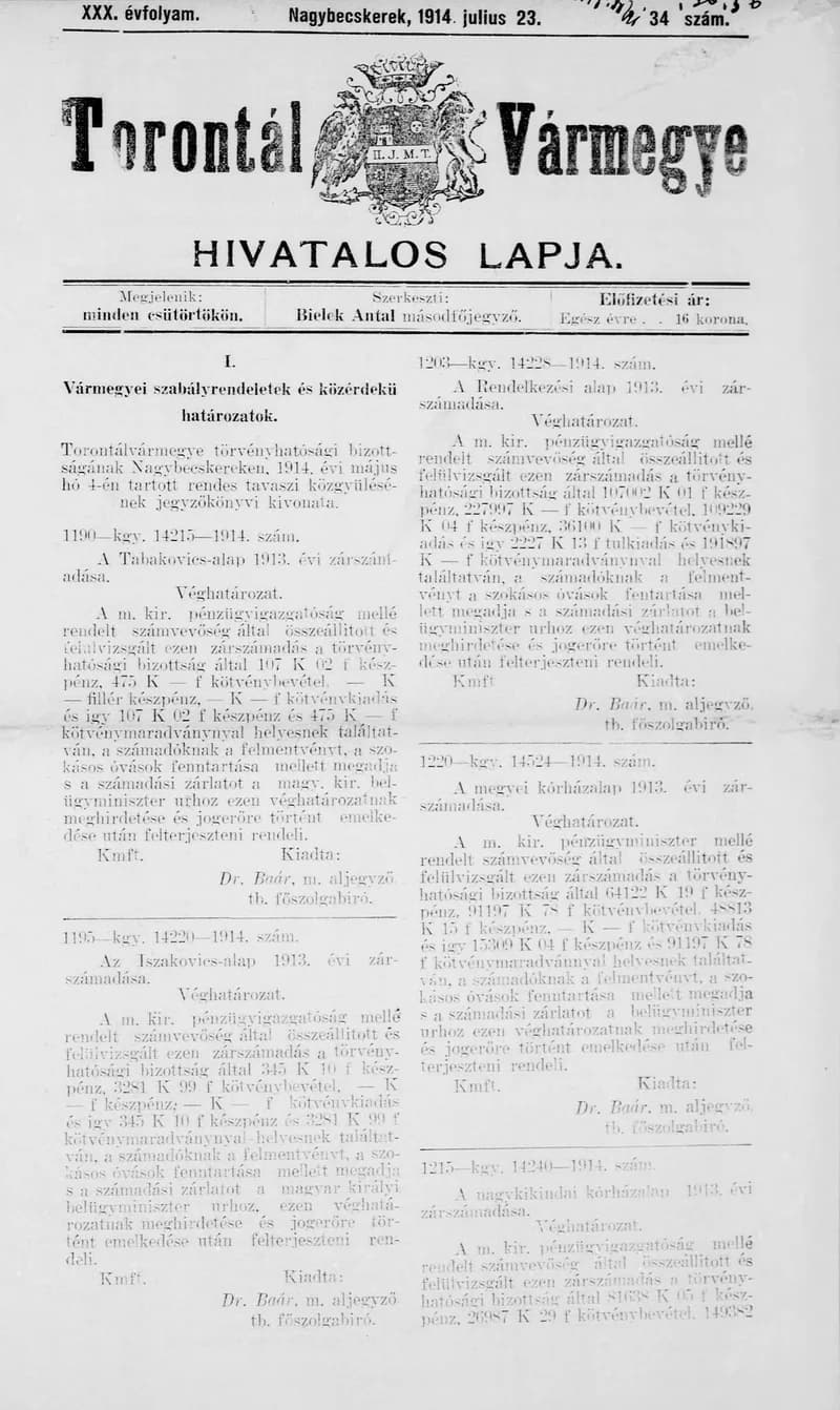 Torontál Vármegye Hivatalos Lapja, 30. évf. 1914. július 23. 34. sz.