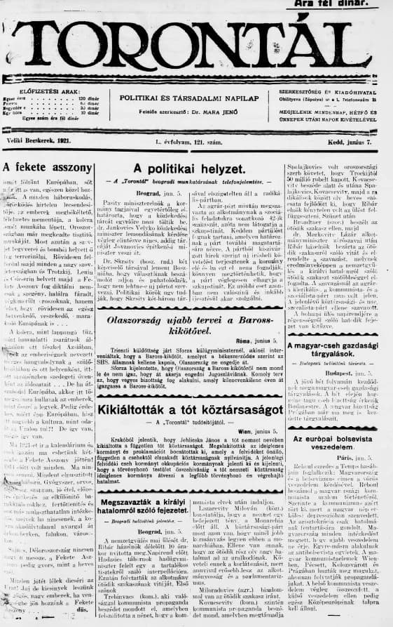 Torontál, 50. évf. 1921. június 7. 121. sz.