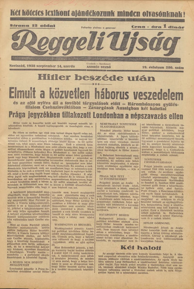 Reggeli Újság, 19. évf. 1938. szeptember 14. 250. sz.
