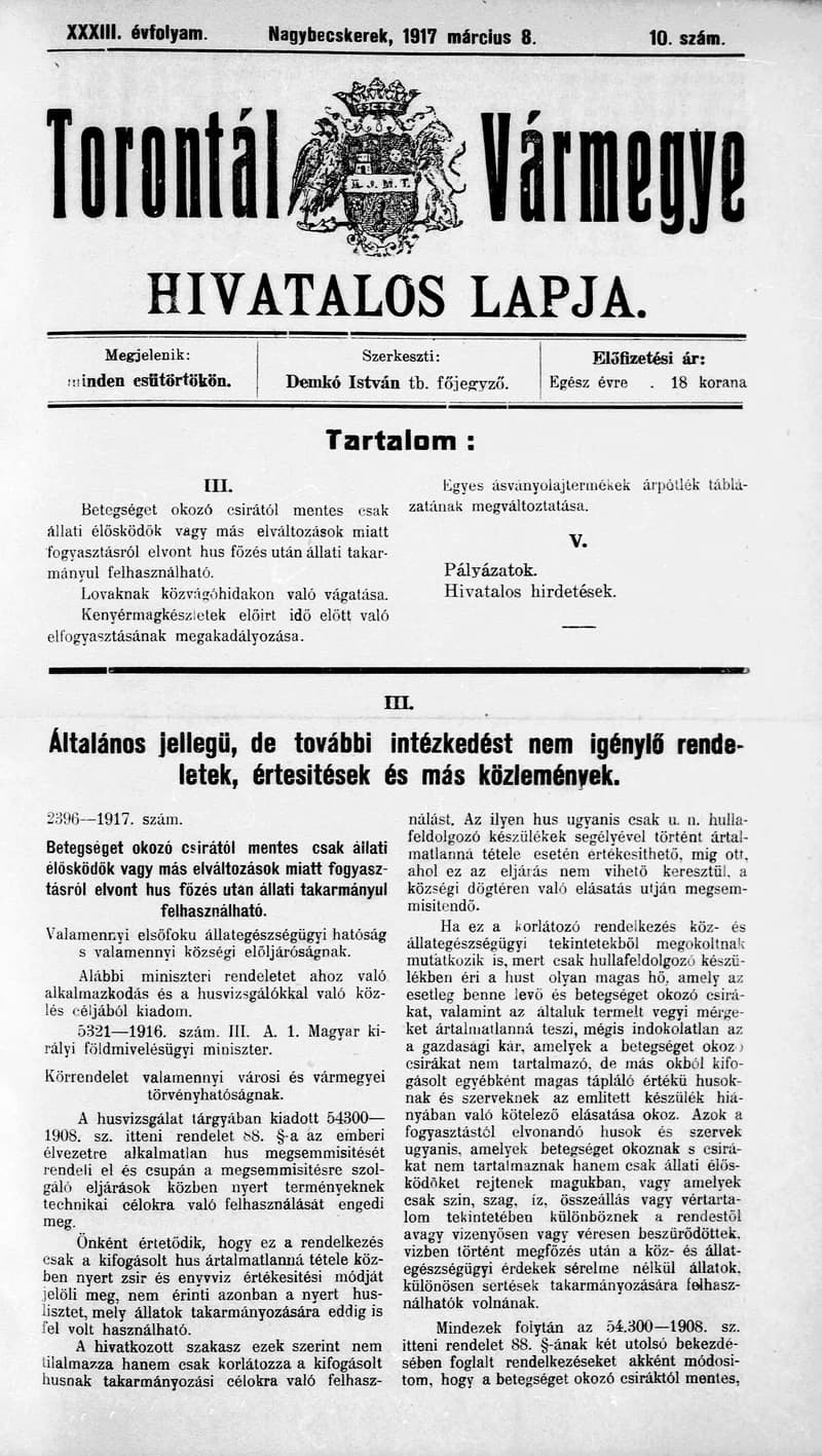Torontál Vármegye Hivatalos Lapja, 33. évf. 1917. március 8. 10. sz.