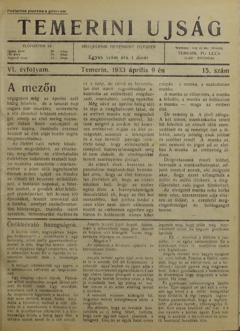 Temerini Újság 1928-1944, 6. évf. 1933. április 9. 15. sz.