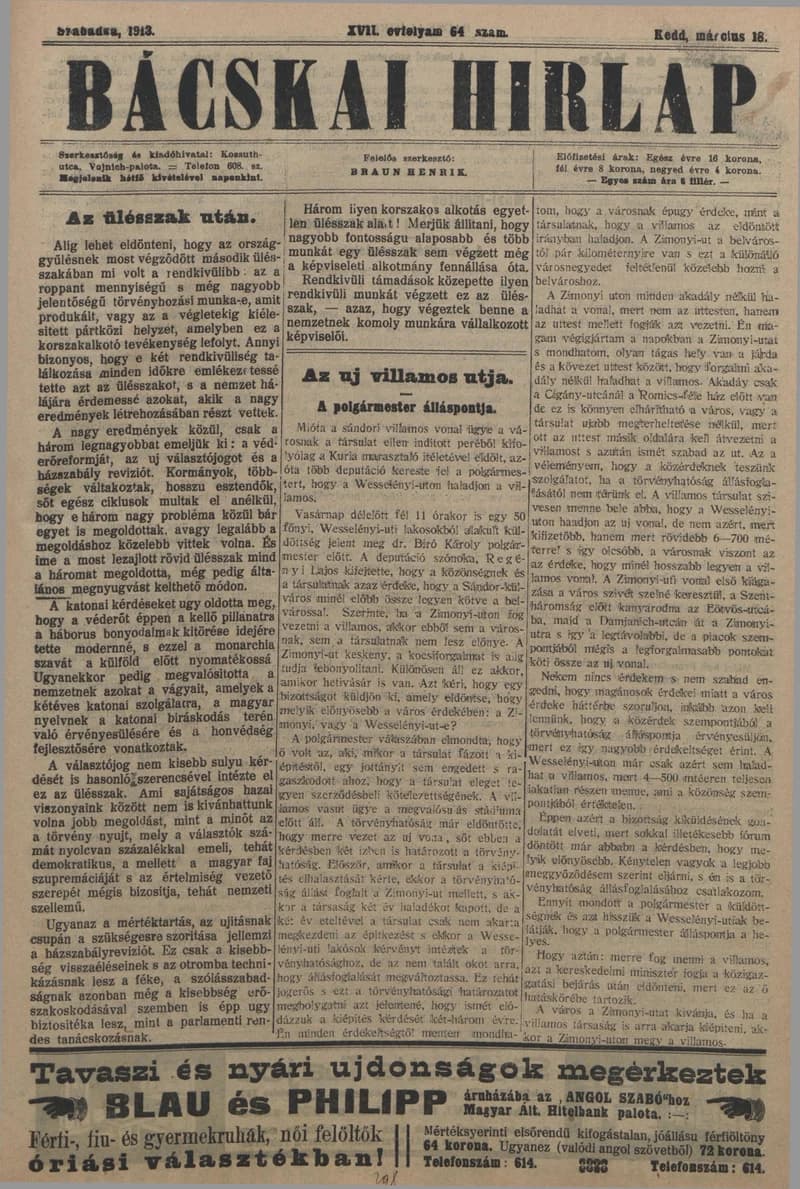 Bácskai Hirlap, 17. évf. 1913. március 18. 64. sz.