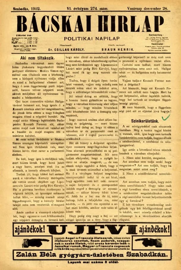 Bácskai Hirlap, 6. évf. 1902. december 26. 274. sz.