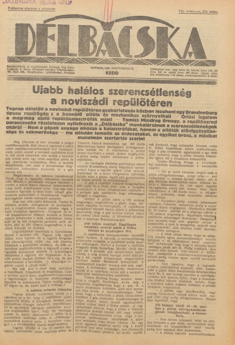 Délbácska, 7. évf. 1926. szeptember 28. 224. sz.