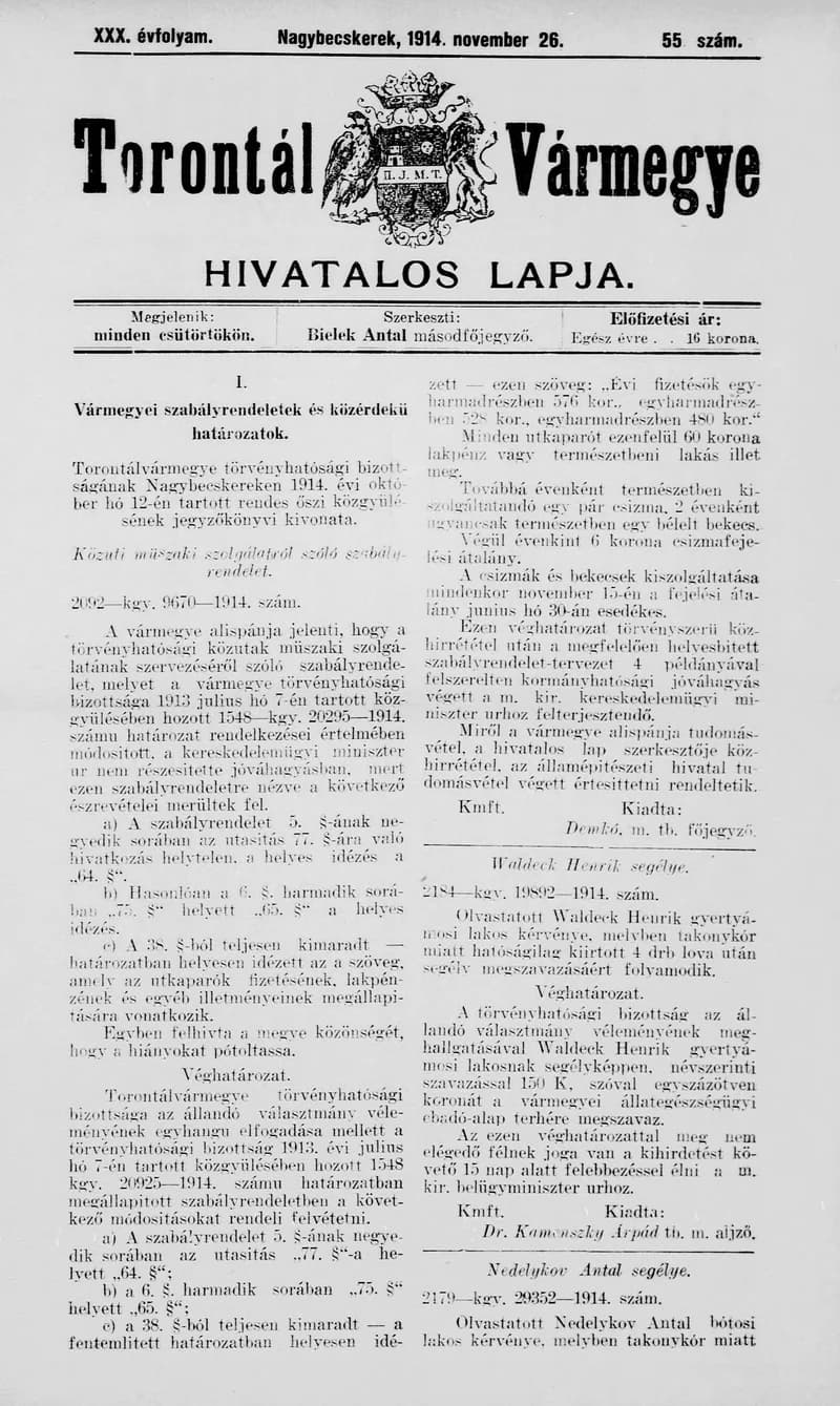 Torontál Vármegye Hivatalos Lapja, 30. évf. 1914. november 26. 55. sz.