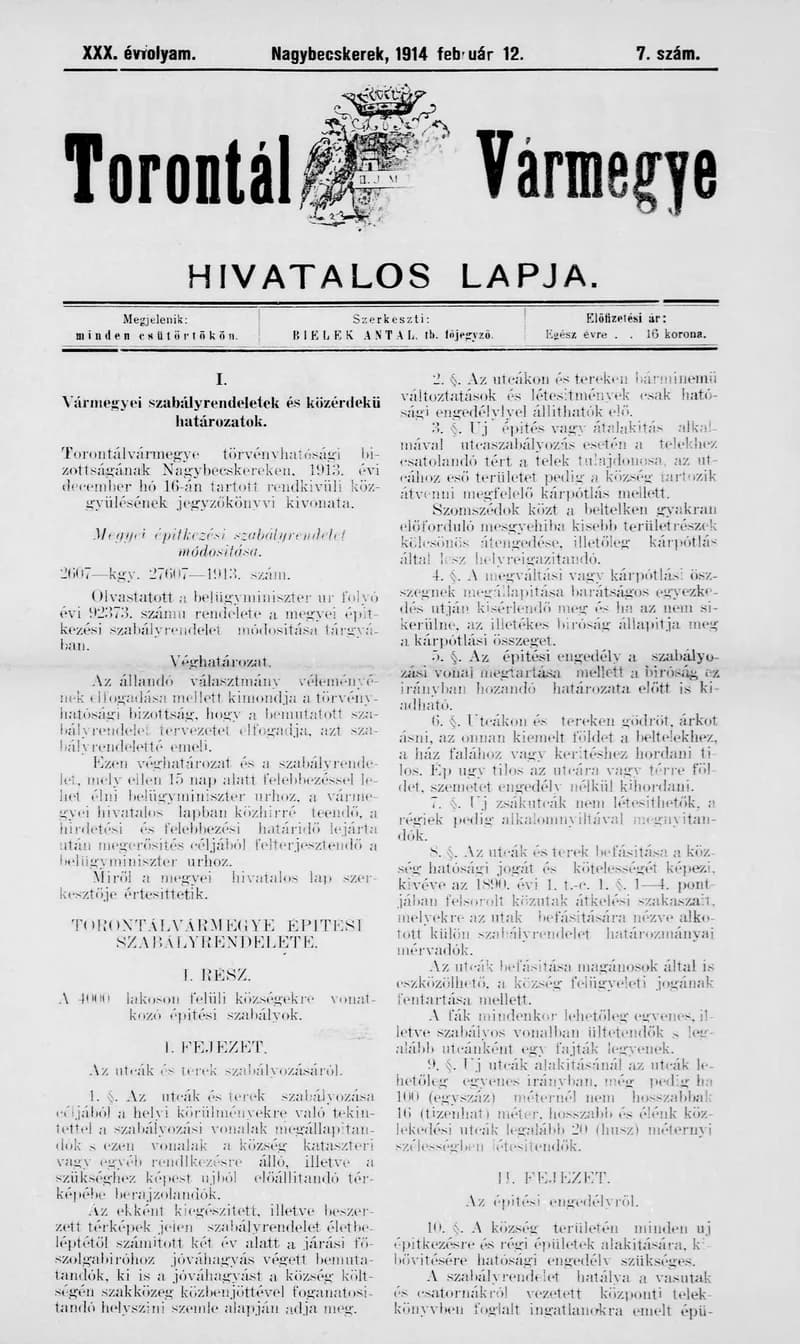 Torontál Vármegye Hivatalos Lapja, 30. évf. 1914. február 12. 7. sz.