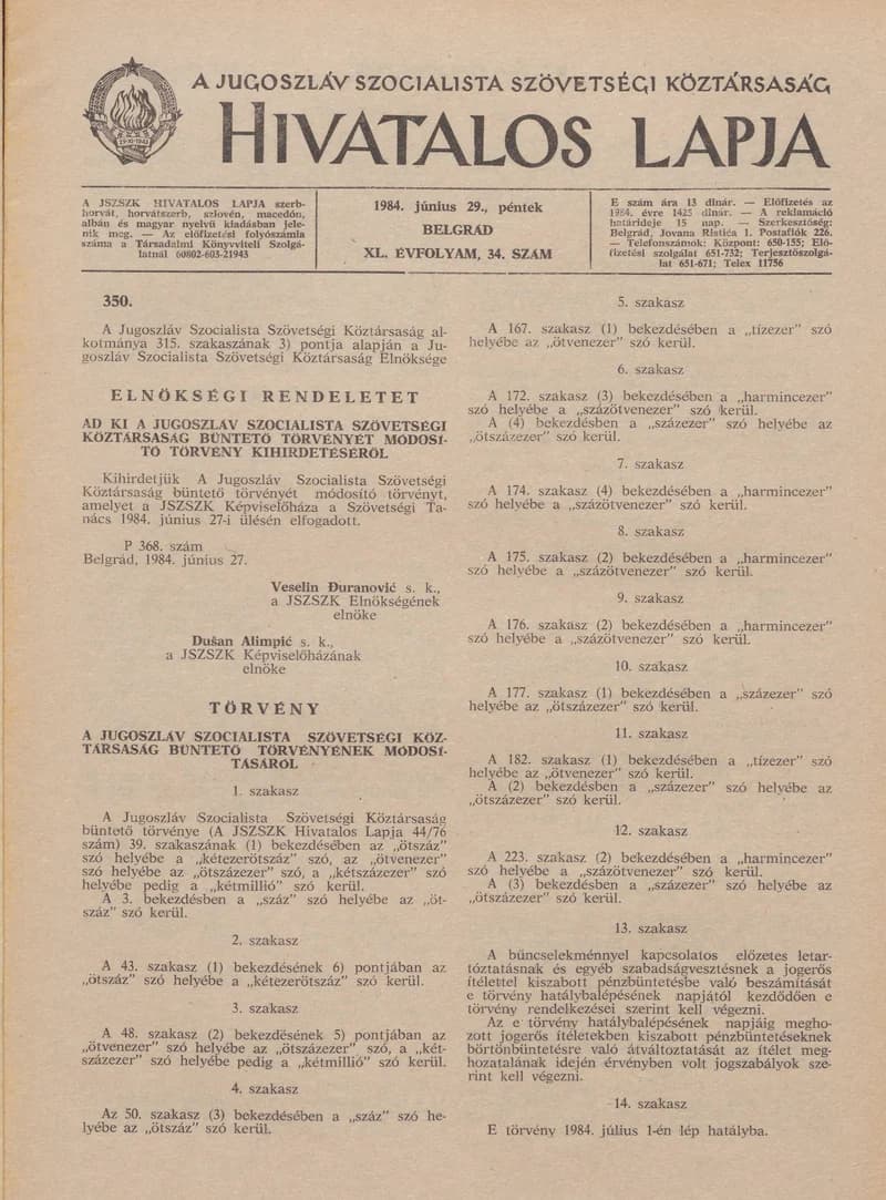 A Jugoszláv Szocialista Szövetségi Köztársaság Hivatalos Lapja, 40. évf. 1984. június 29. 34. sz. 895–910. oldal